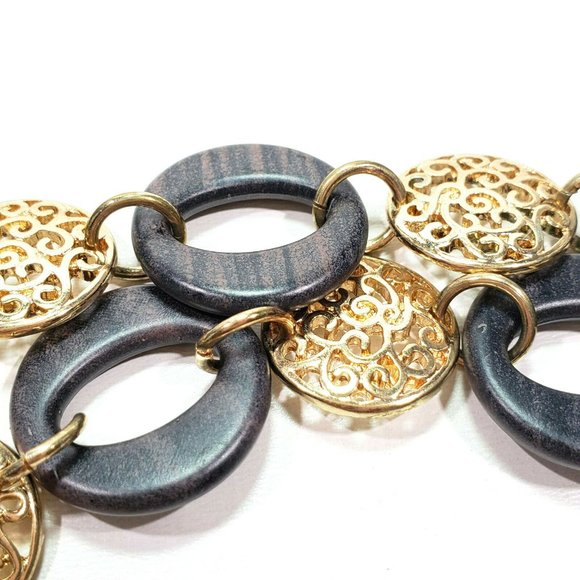 Gold Tone Faux Wood Disks Necklace 30" to 33" - Picture 6 of 8